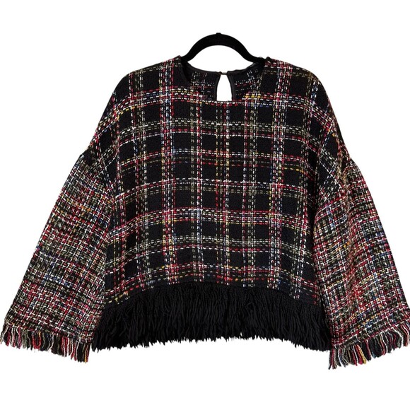 Zara Top Woman's Small Loose Fit Tweed‎ Top Fringe Multi-Color Boho Bell Sleeve - Picture 2 of 12